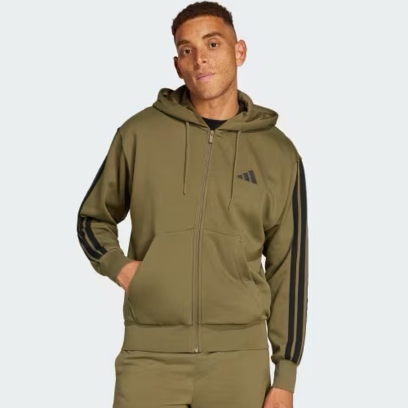 Adidas ESSENTIALS 3-STRIPES FLEECE HOODIE, Olive Stata / Black, Medium - Picture 1 of 13